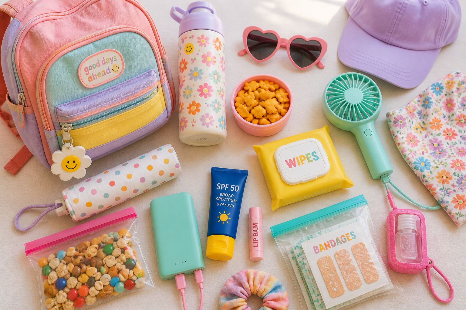 Colorful theme park bag essentials laid out with snacks, sunscreen, wipes, fan, hat, water bottle, and first aid items